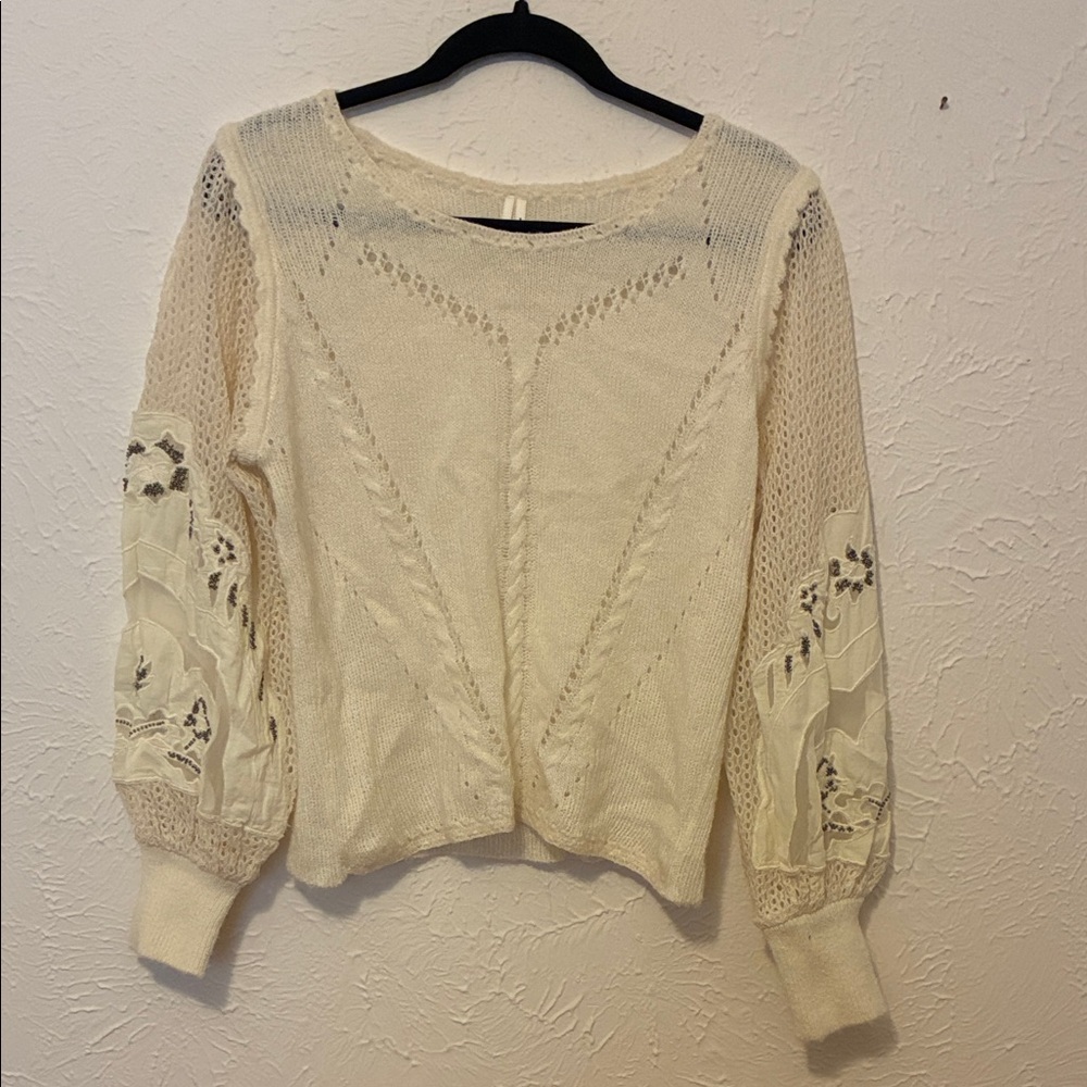 Anthropologie Cream Sweater with Lace Accents